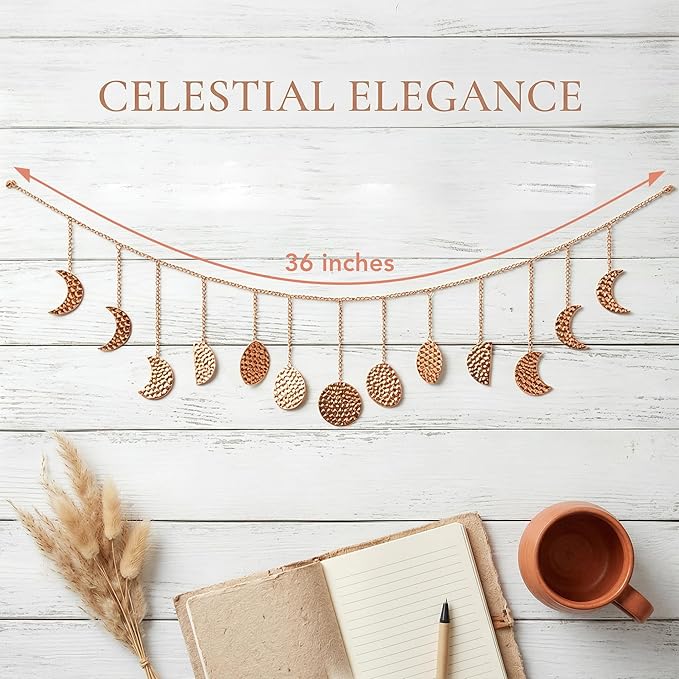 opulinea Moon Phase Garland Rose Gold Hammered Metal - Celestial Boho Wall Hanging Decor Moon Phases Ornament for Bedroom Aesthetic Above Bed Living Room Home Decor
