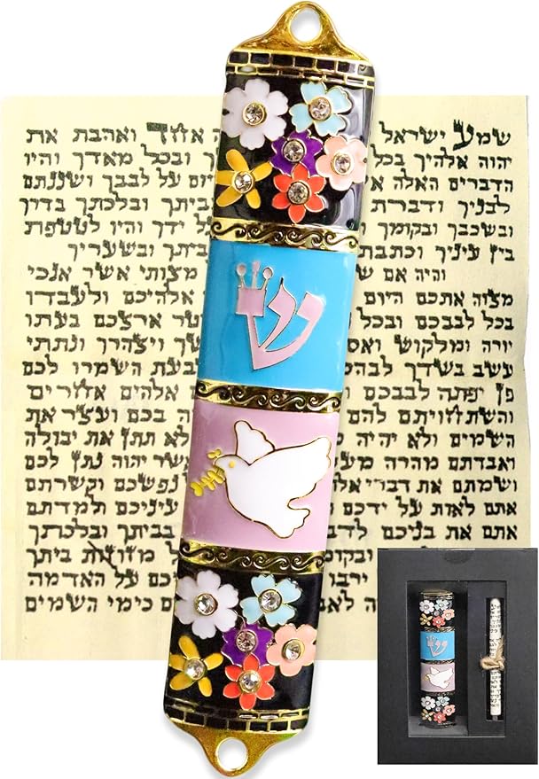 Exquisite Enamel Design Mezuzah with Scroll, Easy Install Use Double-Sided Tape, Dove with an Olive Branch Theme Mezuzah for Door with Crystal Diamond Accent for Any Jewish Occasions, 3.8”