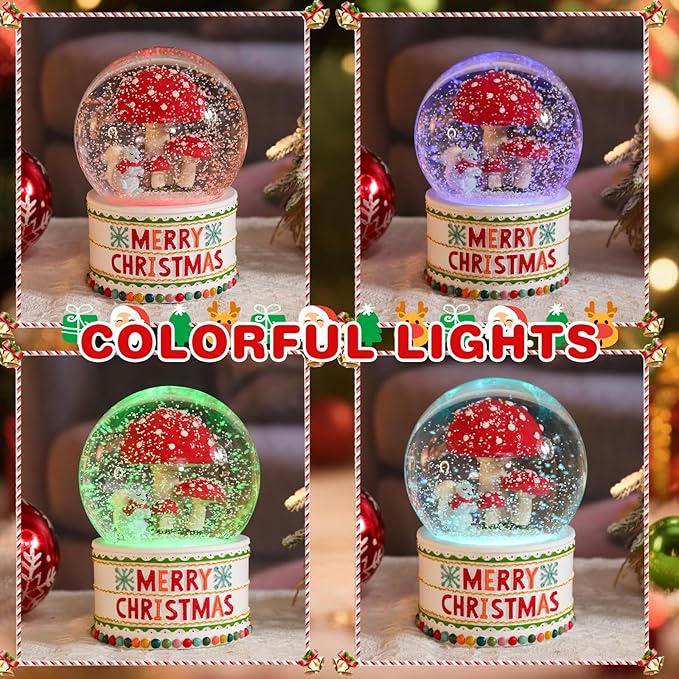 VCUTEKA Christmas Snow Globe, Musical Snow Globes for Girls with Light Up Mushroom and Squirrel, Christmas Snow Globe Decoration Gift, Battery Operated Snowglobes Christmas Décor