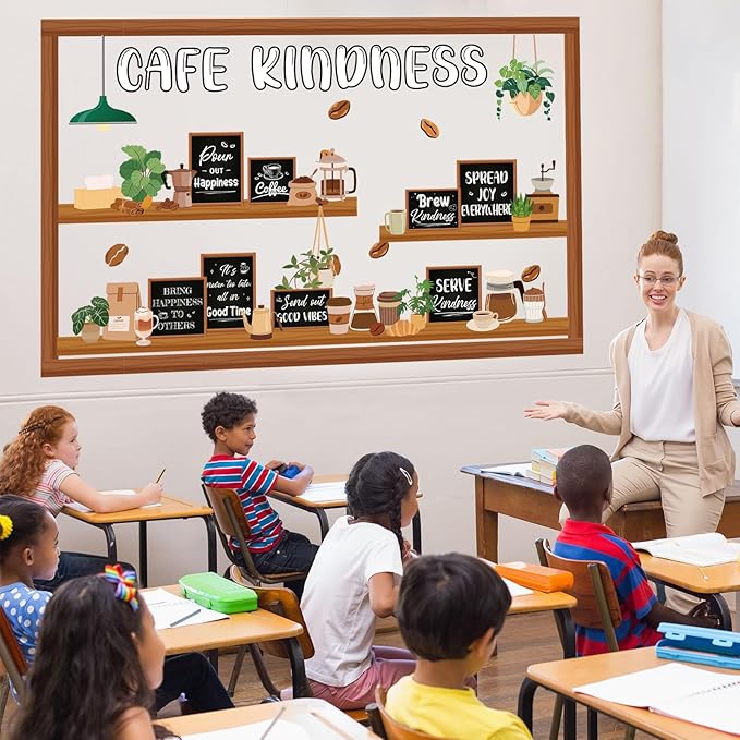 Pajean Cafe Kindness Bulletin Board Set Plant Coffee Motivational Classroom Decorations Bookshelf Reading Bulletin Board Inspirational Cutouts for Back to School Library Decor Office Supplies