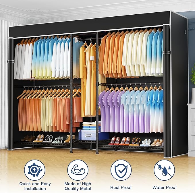 Ulif E12C Max Heavy Duty Closet Organizer System，Freestanding Clothing Rack, Adjustable Garment Rack 83" W x 16" D x 76.5" H Holds 1060 lbs, Black Clothing Rack with Black Dustproof Cover