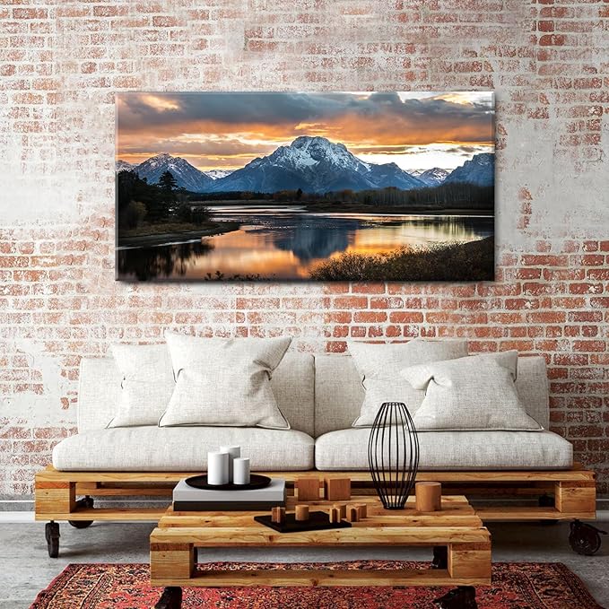 Large Mountain Wall Art for Living Room Sunset Nature National Park Posters Grand Teton Landscape Wall Decor Snake River Wyoming Scenery Canvas Prints Artwork for Bedroom Office Home Decoration 30x60"