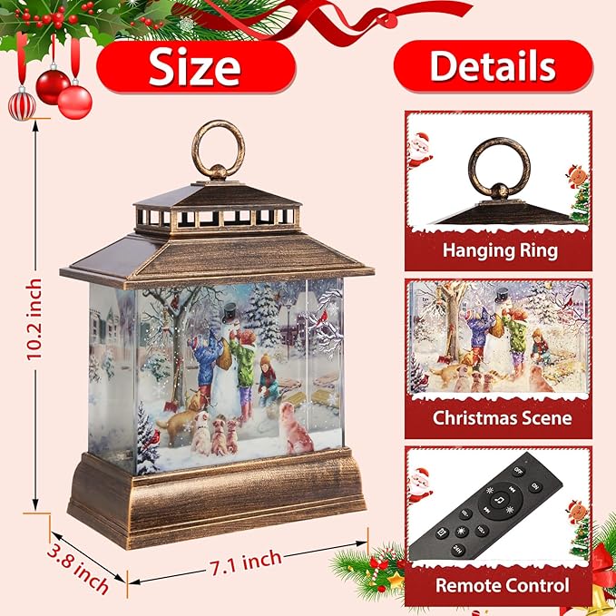 Christmas Snow Globe Lantern Water Glittering Lantern with 8 Songs & 6H Timer Romote Control Christmas Snow Globes USB & Battery Operated for Holiday Festival Decorations Gifts (Snowman and Children)