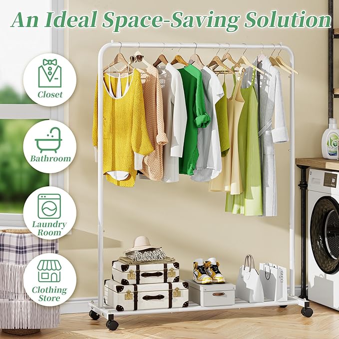 Simple Trending Standard Clothes Clothing Garment Rack with Storage Shelves, Rolling Clothes Organizer on Wheels for Hanging Clothes, White