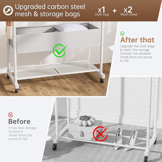 Clothes Garment Coat Rack Drying Clothing Racks Metal Freestanding for Hanging Clothes Portable Closet for Laundry Bedroom White