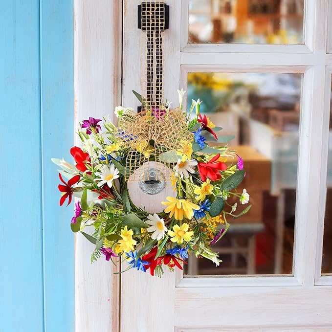 4 PCS 9'' Mini Floral Kitchen Cabinet Wreath Small Artificial Spring Summer Wreath for Front Door with Burlap Ribbon Sunflowers Daisy Butterfly Hanging Farmhouse Wreaths for Porch Wall Window Decor