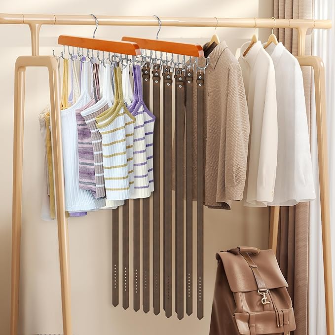 Belt Hanger for Closet, 360° Rotating Tie & Belt Rack for Storage with 14 Hooks,Versatile Hanger Rack with Hooks(2Natural)