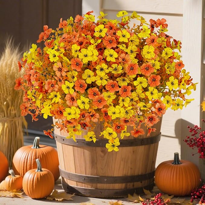 Artificial Fall Flowers for Outdoor Decoration,16 Bundles Faux Silk Colorful Flowers for Outside,UV Resistant Fake Flowers Plants for Front Door Patio Porch Yard Balcony Autumn Decor(F Orange Yellow)