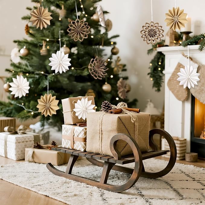 EASY JOY 9Pcs Christmas Hanging Decorations - 3D Paper Christmas Tree Hanging Decor Log White Snowflake Ornaments Christmas Decorations Outdoor Indoor for Xmas Party,Boho Home,Window Door Decor