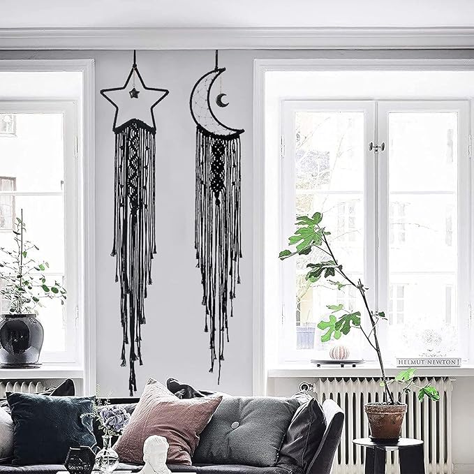 Tarklanda Moon Star Dream Catcher Decor, 2pcs Boho Home Moon Star Black Dreamcatcher, Bohemian Wall Hanging Dream Catcher Decor for Home Bedroom Craft Decoration for Holiday Mom Birthday Day Gifts