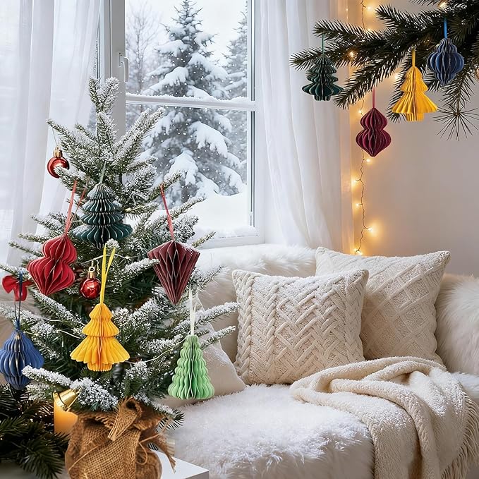 EASY JOY 6 PCS Christmas Honeycomb Paper Ornaments Paper Glitter Edged Small Christmas Tree Ornaments Decorative Hanging Ornaments for New Years Party,Winter Xmas Party,Holiday Home Decor