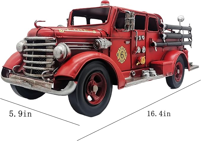 Truck Model Retro Fire Diecast Metal Miniature Vehicles Large Fire Fighting Truck Decor Home Antique Truck Decor Automotive Decor 16.4'' Long…