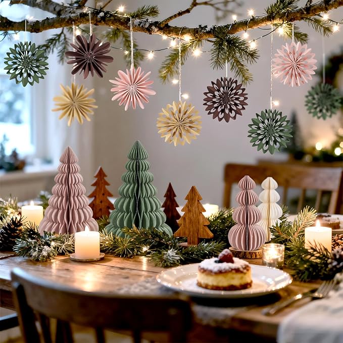 EASY JOY 9Pcs Christmas Hanging Decorations - 3D Paper Christmas Tree Hanging Decor Pink Green Brown Snowflake Ornaments Christmas Decorations Outdoor Indoor for Xmas Party,Boho Home,Window Door Decor