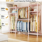 Ulif E7 Garment Rack, Heavy Duty Clothes Storage System with Extendable Hangers Rods, Metal Clothing Rack with 6 Wire Shelves, (52.3"-72") W x 14.5" D x 71.2" H, Load 838lbs, Pink