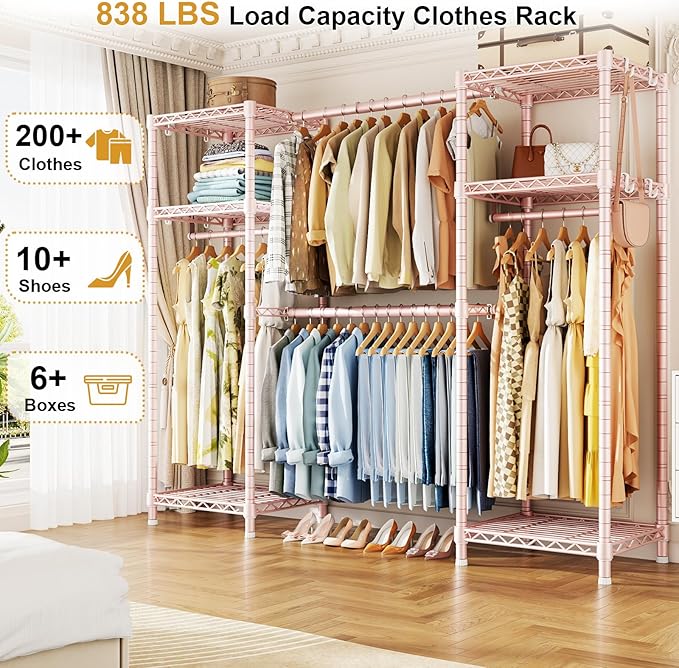 Ulif E7 Garment Rack, Heavy Duty Clothes Storage System with Extendable Hangers Rods, Metal Clothing Rack with 6 Wire Shelves, (52.3"-72") W x 14.5" D x 71.2" H, Load 838lbs, Pink