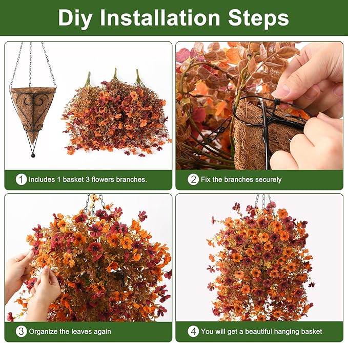 Homsunny Artificial Fsll Faux Hanging Flowers Plants Basket for Outdoor Decoration,Fake Silk Orange Mums planters UV Resistant Look Real for Home Porch Patio Yard Outside Autumn Decor (Yellow Orange)