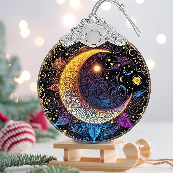 Stained Glass Ornaments - Sun and Moon Christmas Ornaments - Christmas Decorations for Tree - Holiday Present Ideas - Gift Exchange