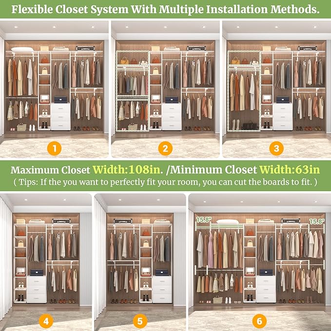 Aheaplus Closet System with Drawers, Closet Organizer System Storage with Shelves, 96'' Walk-in Closet with 5 Hanging Rods, Heavy Duty Wall Mounted Clothes Wardrobe Garment Rack,-Metal Frame, White