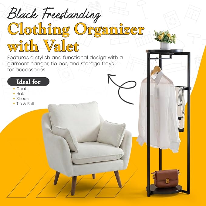 Kings Brand Furniture Suit Valet Stand, Coat Rack with Rods & Storage Trays - Tie Jacket Hanger, Freestanding Clothing Organizer Perfect for Bedrooms & Entryways, Black