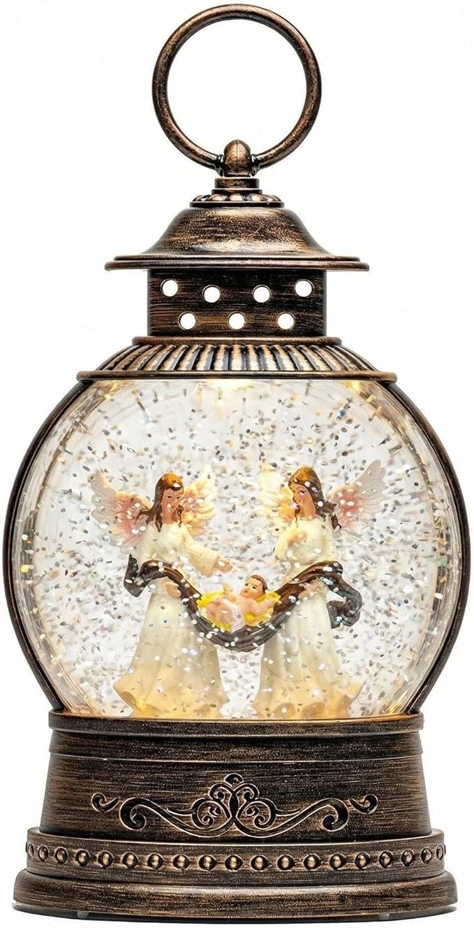 9.7'' Christmas Angel Snow Globe, Musical Lighted Water Lantern, Retro Decoration with Swirling Glitter, USB Powered and Battery Operated, Xmas Home Décor Gift (Baby Jesus with Angel)