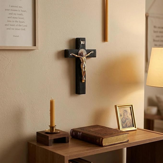 PHYUKEY Wooden Wall Cross with Jesus Christ Small 5.5in Standing Crucifix with Detachable Stand for Wall Hanging or Tabletop Display, Christian Gift & Catholic Home Decor