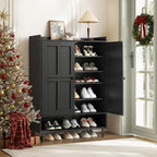 Black 7+1 Tier Farmhouse Shoe Storage Cabinet - 45" Tall Entryway Organizer with Cross Molding Doors, 3 Adjustable Shelves & Metal Legs, Shoe Rack for Front Door Entrance