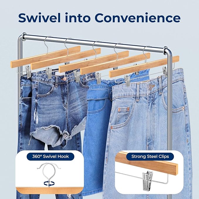 SereneLife 30 Pack Skirt and Pant Hanger with Adjustable Non-Slip Steel Clips, Premium Wooden, 360° Swivel Hook & 10 lb Capacity – Space-Saving Heavy-Duty Hangers for Jeans, Shorts & Slacks (Natural)