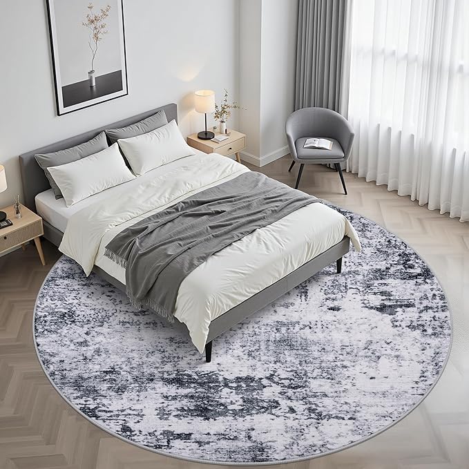 Round Area Rug for Living Room: 5 ft Washable Modern Abstract Soft Thin Rug Indoor Floor No Slip Stain Resistant Carpet for Bedroom Dining Room Farmhouse Nursery Home Office - Grey