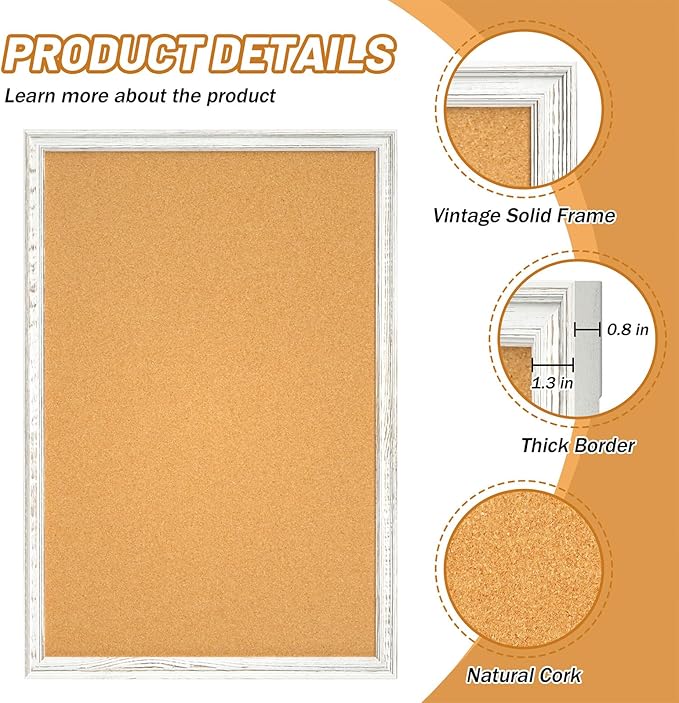 White Cork Board for Wall, 36 x 24 inches Decorative Bulletin Board, Rustic Wooden Frame Pin Board for Office, Dorm, Home Decor