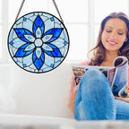 Stained Glass Window Hanging, Blue Tiffany Style Flowers Sun Catcher for Window Door Home Decor Suncatcher Christmas Mother's Day Birthday Gifts for Women Men Mom and Nana 15 in