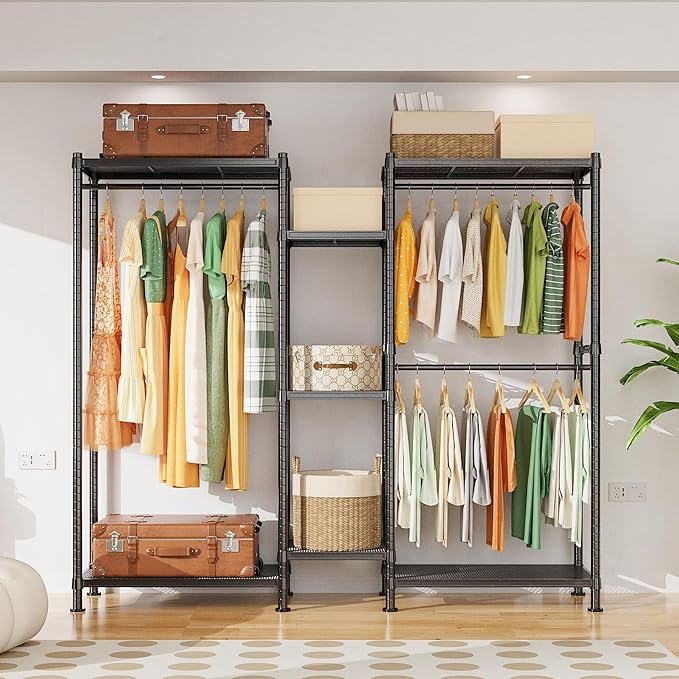 LEHOM G6 Clothes Rack Heavy Duty Freestanding Garment Rack with Shelves, Metal Clothing Closet Wardrobe Storage System for Hanging Clothes, 76.8" D x 17.7" W x 74.4" H, Hold 800 lbs, Black