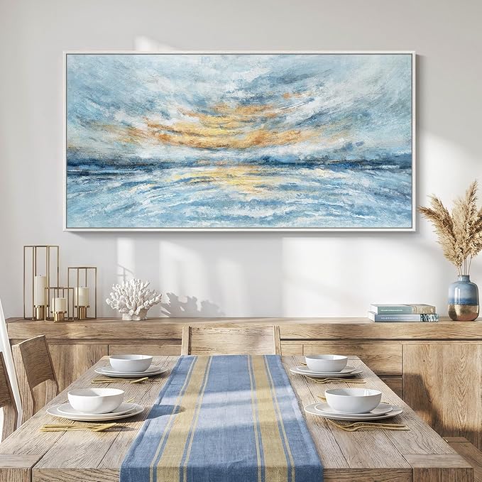 Large Framed Blue Gold Abstract Wall Art for Living Room, Horizontal Coastal Canvas Prints Paintings Artwork for Walls, Modern Ocean Landscape Pictures Wall Decor for Bedroom Dining Room Office 30x60