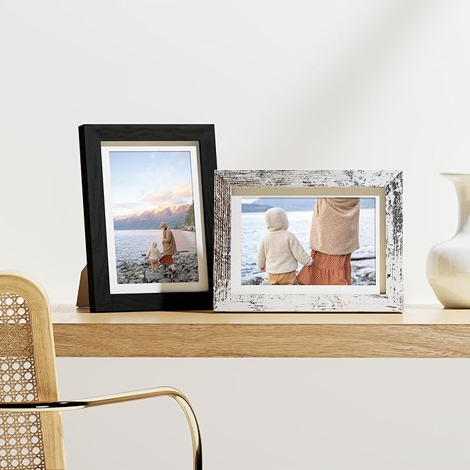 Vittanly 5x7 Picture Frames Set of 9, Display 4x6 Pictures with Mat or 5x7 without Mat, Photo Frames for Wall or Tabletop with Plexiglass, Engineered Wood, Black&Brown&Distressed White