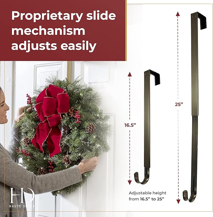 Haute Decor Adapt Adjustable Length Wreath Hanger with Interchangeable Icons (Antique Brass-Sun/Snowflake/Butterfly/Fleur de lis) - 4 Door Wreath Hangers in 1