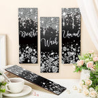 Huwena 4 Pcs Black and Silver Bathroom Wall Decor Glitter Diamond Wooden Living Room Decor Relax Wish Unwind Breathe Sign Black Silver Shiny Drips Hanging Bathroom Sign for Toilet Home Spa
