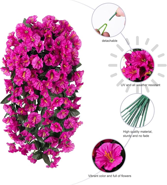 HyeFlora Artificial Fake Hanging Flowers Plants for Outdoor Outside Decoration, 2PCS Faux Silk UV Resistant Look Real Fuchsia Morning Glory Trailing Vines for Home Planter Porch Patio