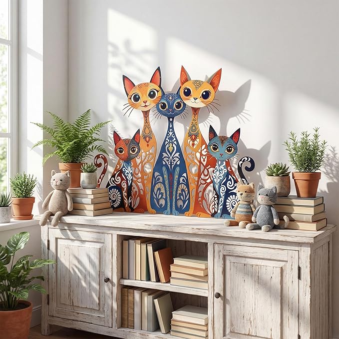 Wesiti Cat Wall Art Decor Iron Wall Sculptures Decor for Cats Lover 10.6 x 13.15 Inches Colorful Retro Mid Century Cat Signs for Home Living Room Bedroom Kitchen Office(Stylish)