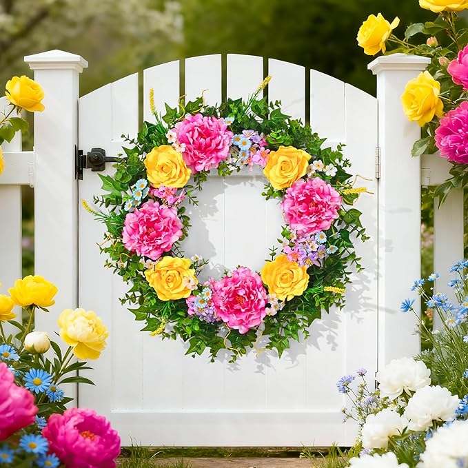 Livole 24 Inch Summer Spring Wreaths for Front Door Large Summer Door Wreath with Peony Rose Daisy for Indoor Outdoor Home Wall Farmhouse Patio Porch Window Decor