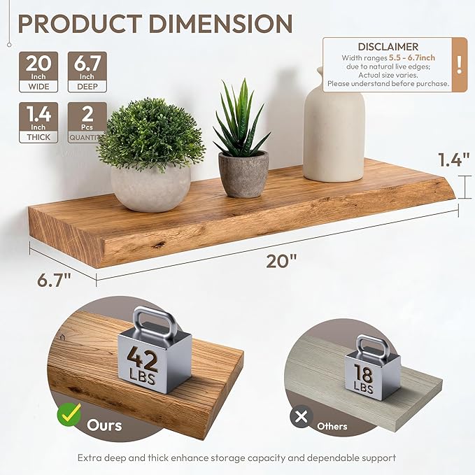 Marsmiles 20 inch Floating Shelves for Wall Elm Wood Live Edge Shelves|Rustic Wall Shelves with Invisible Heavy-Duty Bracket for Bathroom Living Room Kitchen|Natural, 2 Pack