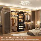 Aheaplus Closet System, 8FT Closet Organizer with 4 Wooden Drawers, Wood Closet Organizer System with Tower, Walk-in Closet Organizer Wardrobe Clothes Rack with 4 Hanging Rods, Garment Rack, Black