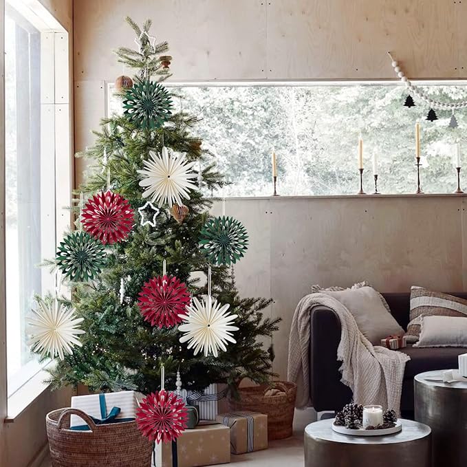 EASY JOY Red White Green Christmas Hanging Decorations - 9Pcs 3D Christmas Tree Paper Hanging Decor Snowflake Ornaments Christmas Decorations Outdoor Indoor for Xmas Party New Year Window Door