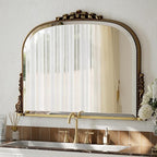 Wall Beaded Mirror, 44 x 32 Inch Round Top Right Angle Wall Mirror, Tempered Glass, Rust Resistant, Horizontally or Vertically Hanging, Gold