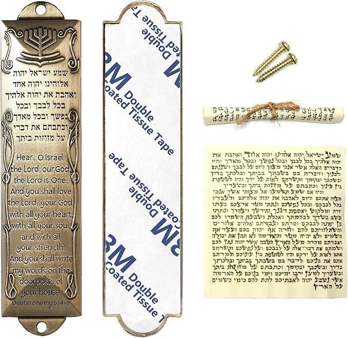 Mezuzah with Scroll for Door, Self-Stick Metal Blessing Mezuzah Cases, Brass Plaque with English and Hebrew Blessing Scripture for Jewish House Warming Gift, Hannukah Decor (1Pack)