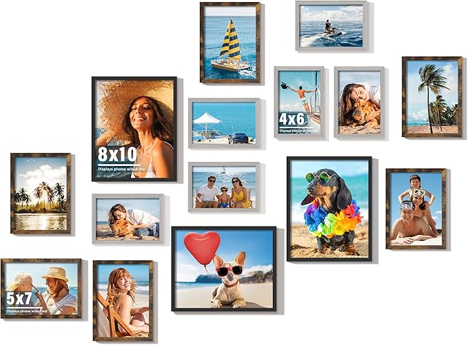 15 Pack Picture Frames Collage Wall Decor, Frame Set with 3pcs Black 8x10, 6pcs Brown 5x7, and 6pcs Grey 4x6 for Gallery Display, Wall Mounting & Tabletop, Bulk Photo Frames for Living Room Decor
