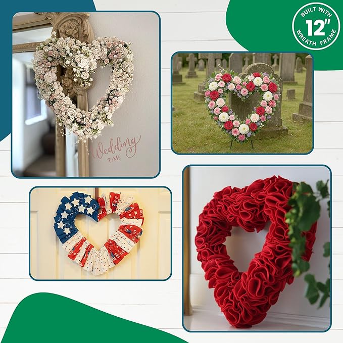 5-Pack 12 Inch Wire Wreath Frame – Heart Metal Wreath Form with Heart Design for DIY Crafts, Floral Projects, and Home Decor – Dark Green Wire Frame for Christmas Holiday & Weddings