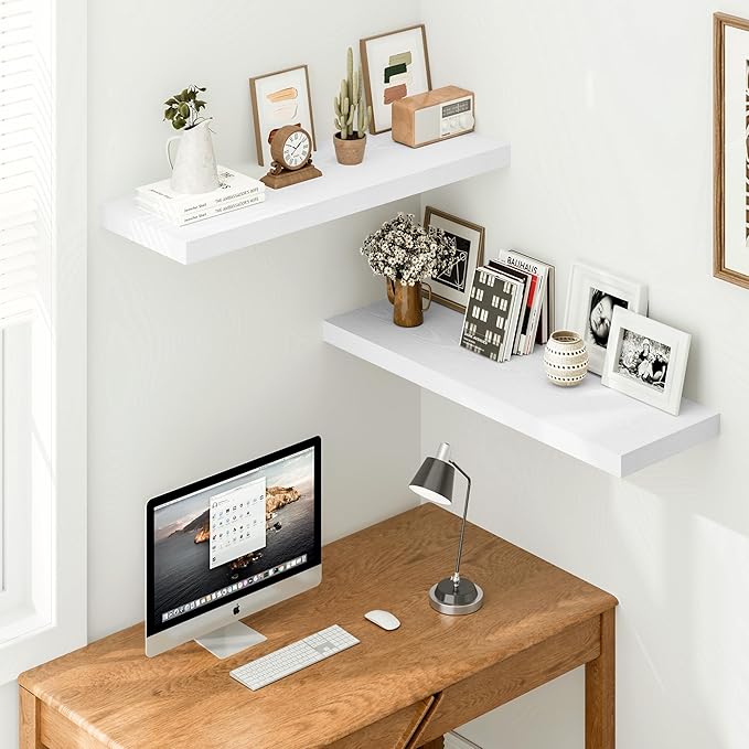 Vivelove White Floating Shelves 12 Inches Deep, [Wood Grain Texture] 36x12 Floating Shelves for Wall with Invisible Brackets, Room Shelves for Living Room Bedroom Kitchen Office, Set of 2