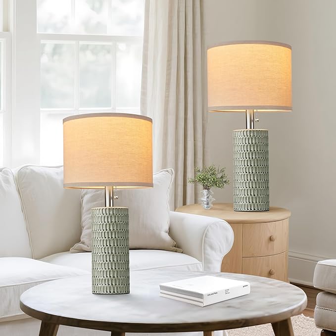 Reaketon 20.5" Modern Ceramic Table Lamps for Bedroom Set of 2, Bedside Lamps for Night Stands with Beige Lampshade, Farmhouse Table Lamp for Living Room Office Dorm, Light Green