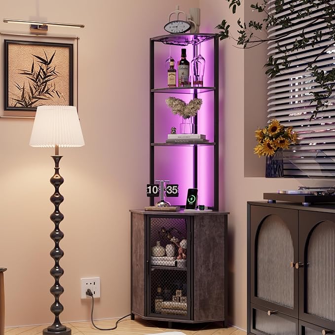 VECELO 6 Tier Corner Shelf with LED Light and Charging Station, 63” Tall Standing Cabinet Organizer, Narrow Bookshelf with Storage Rack for Living Room, Bedroom, Kitchen, Balcony, Small Space