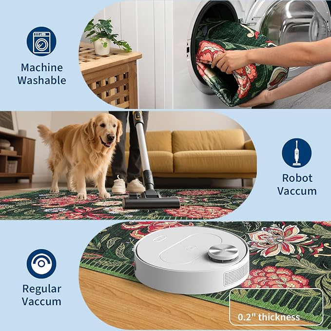 GarveeHome Forest Green Floral 2x3 Door Mat Indoor Rugs for Entryway Small Vintage Boho Cottage Washable Non-Slip Low-Pile Rug for Bedroom Kitchen Bathroom Entrance