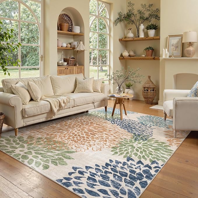 Dahlia Washable Area Rugs 5x7, Boho Floral Rug for Bedroom Dorm, Multicolored Soft Low Pile Living Room Rugs,Leaves Non Slip Throw Carpet for Classroom Nursery Office,Multi